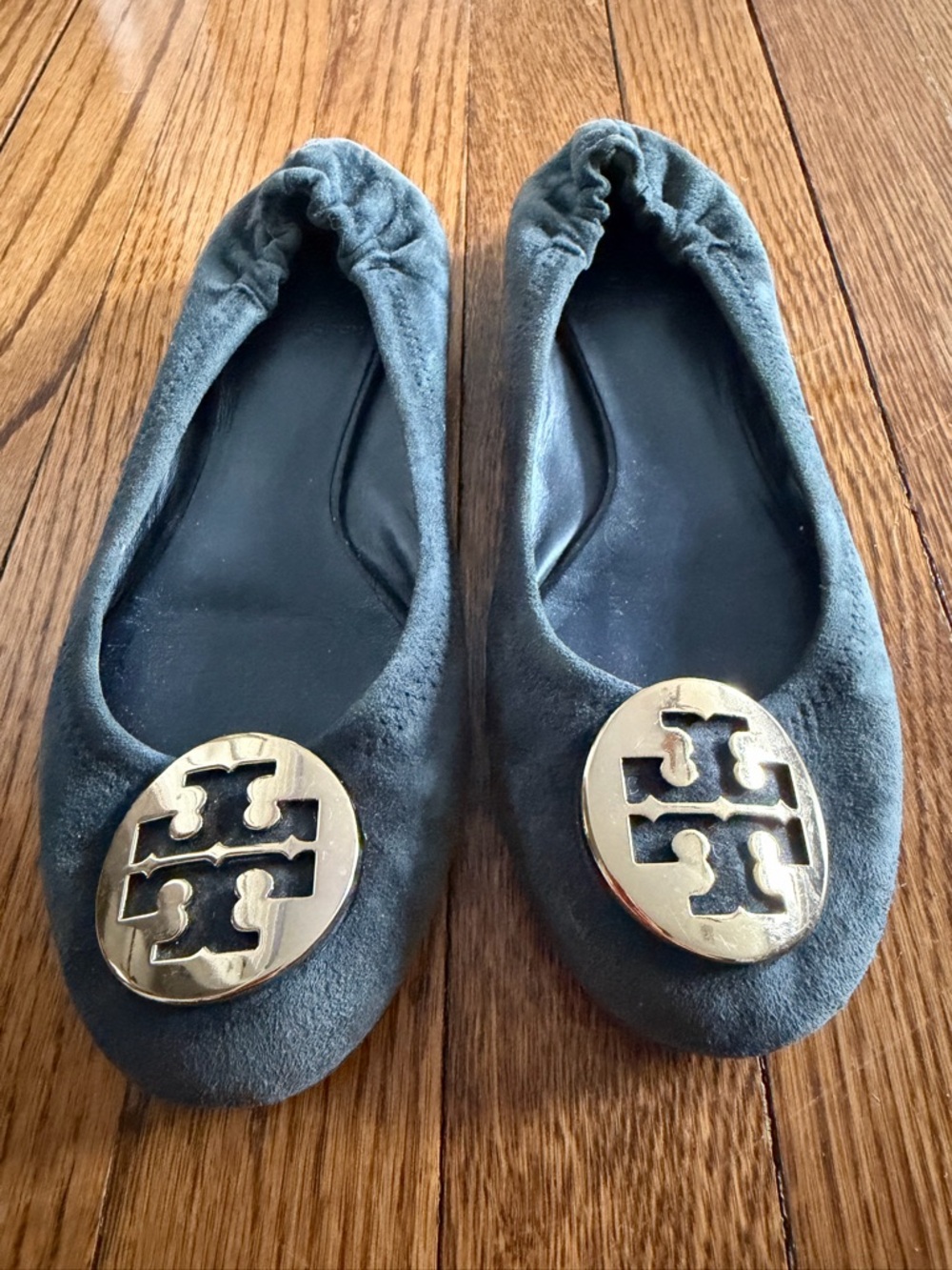 Tory Burch Charcoal Suede Ballet Flats with Gold Logo